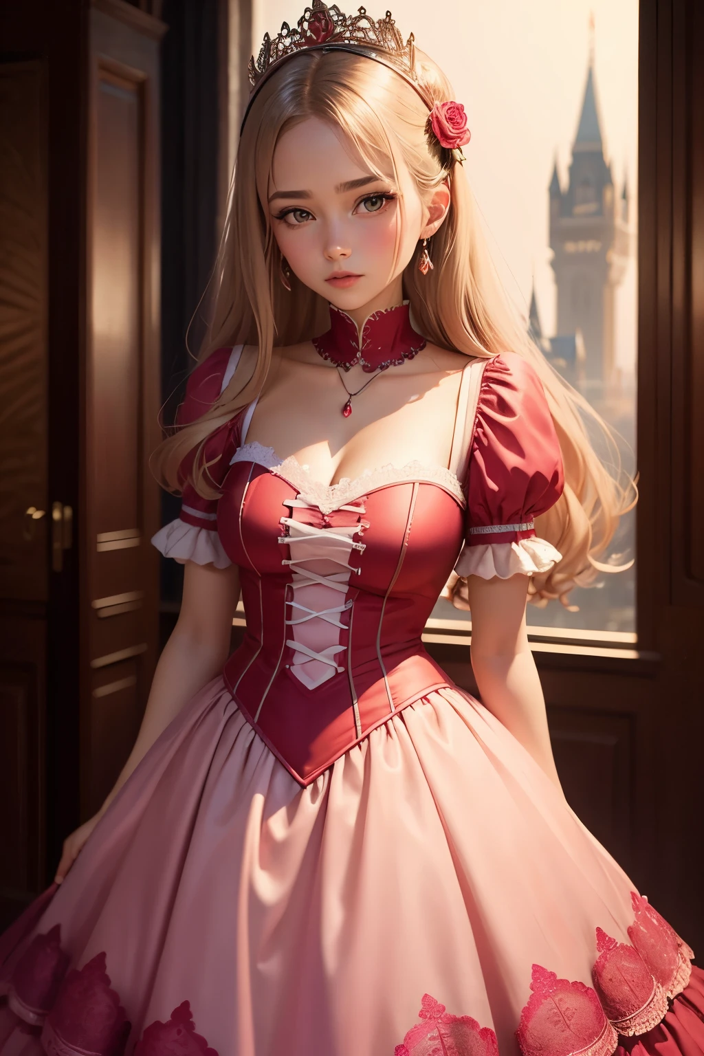 woman, princess, disney style, pink evening dress, scarlet red heart details embroidered all over the dress, lace and ruffles, pompous, charming castle