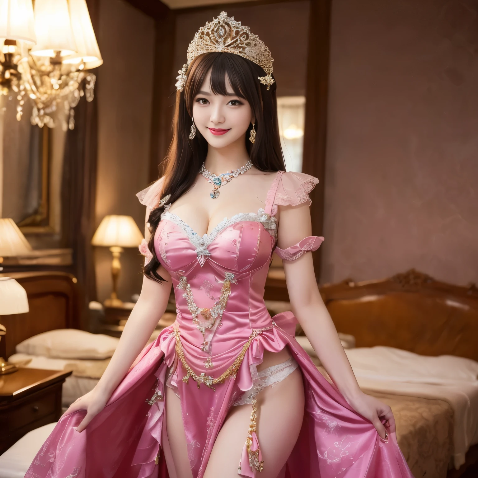 ((highest quality, muste piece, Super high resolution、the most complex and detailed depiction))、big smile looking at me、ink costume、(The most luxurious red and pink finest goddess bedroom:1.3)、One huge bed perfect in the background、bed surrounded by curtains、1 girl、(Idol prostitute princess:1.3)、(wedding lace:1.1)、cleavage、big and full breasts、long and beautiful、look at me with a big smile、(Gorgeous and luxurious giant idol princess costume:1.2)、(Frilly red and pink luxurious and high class idol princess prostitution costume:1.2)、(A complex and high quality idol princess prostitution costume decorated with a large amount of jewels.:1.2)、(accurate anatomy:1.2)、(blurry distant view:1.2)、chandelier lighting、epic movie lighting