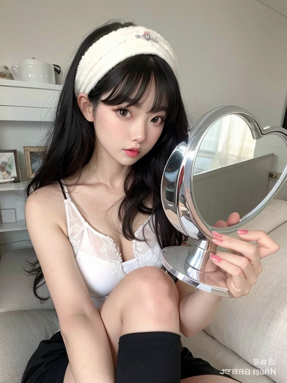 there is a woman sitting on a sofa holding a mirror, ulzzang, con un espejo, pale milky white porcelain skin, sakimichan, labios claros y de alta calidad, foto de chica delgada, buena chica joven, small heart shaped face, peinado de corte hime blanco, foto de chica delgada model, maquillaje popular de corea del sur, pale, snow-white skin, muchacha coreana