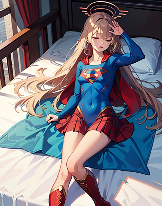 ((highest quality, masterpiece, disorganized) ，supergirl, ,long hair, hair with volume, hair loss, expressive eyes,Blue Bodysuit，red skirt，red heel boots，view of other buildings ,defeat，sleeping on the bed，