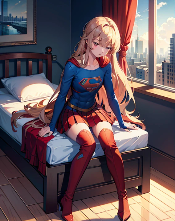 ((highest quality, masterpiece, disorganized) ，supergirl, ,long hair, hair with volume, hair loss, expressive eyes,Blue Bodysuit，red skirt，red heel boots，view of other buildings ,defeat，sleeping on the bed，