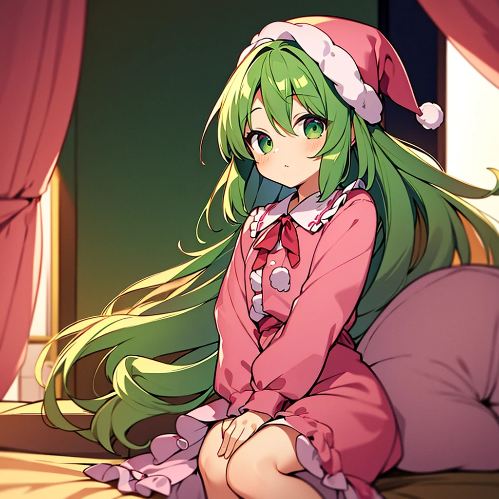 masterpiece, best quality, 1girl, little girl, child, 10 years old, kazami yuuka (pc-98), solo, green hair, long hair, pink nightcap, pink santa hat, green eyes, kazami yuuka, long sleeves, red ribbon, pink negligee, sleepy eyes, one piece clothing, touhou, pajamas, pink nightgown, fluffy hair, solo, hair over one eye, wavy hair, hand between legs
