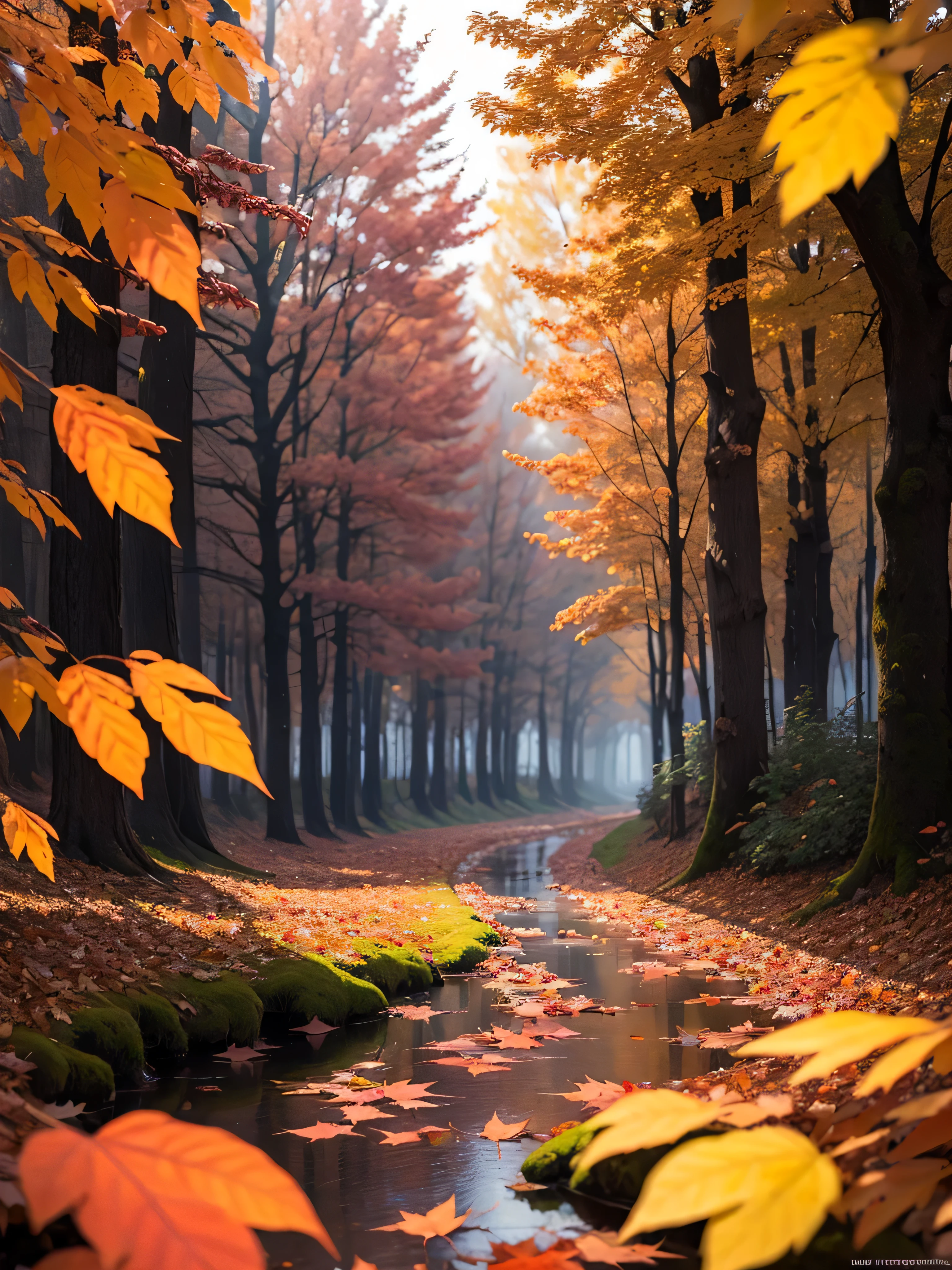 ((best quality: 1.5)) ((masterpiece: 0.8)), intricate details, sharp focus, professional, photorealistic, hyper-realistic, 8K, super detailed, gigantic trees, ((red gold autumn leaf falling))