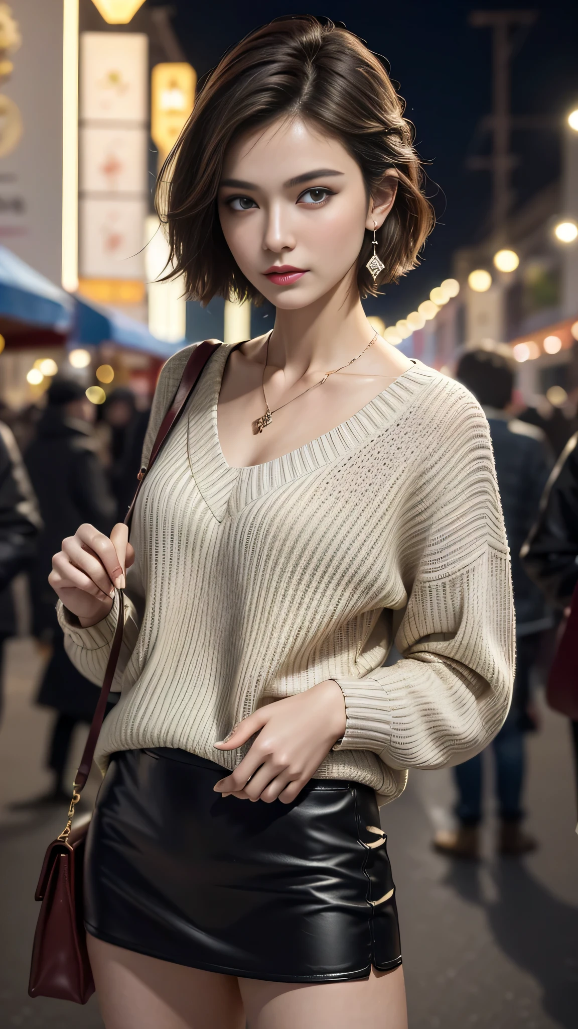 (Masterpiece, best quality, award winning, photorealistic, fashion photography :1.5), Photoshoot by DSLR camera with vivid color tone, sharp focus, 35mm. lens and f/2.8. close-up shot at night in New year festival, dark, shadowy, midnight time, A beautiful European female youth, model, (Nahyunworld ig), delicate face, tall, perfect slim body, attractive slender body, beautiful eyes, no make-up, dark blonde messy short hairs. Wearing loose sweater, skirt, pendant and earrings, standing in New year festival, smirking.