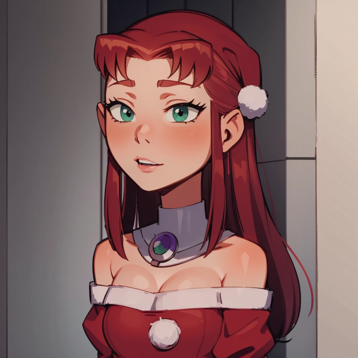 Starfire, santa hat, dark green eyes, reddish hair, green eyes, cute eyes, christmas outfit, ite