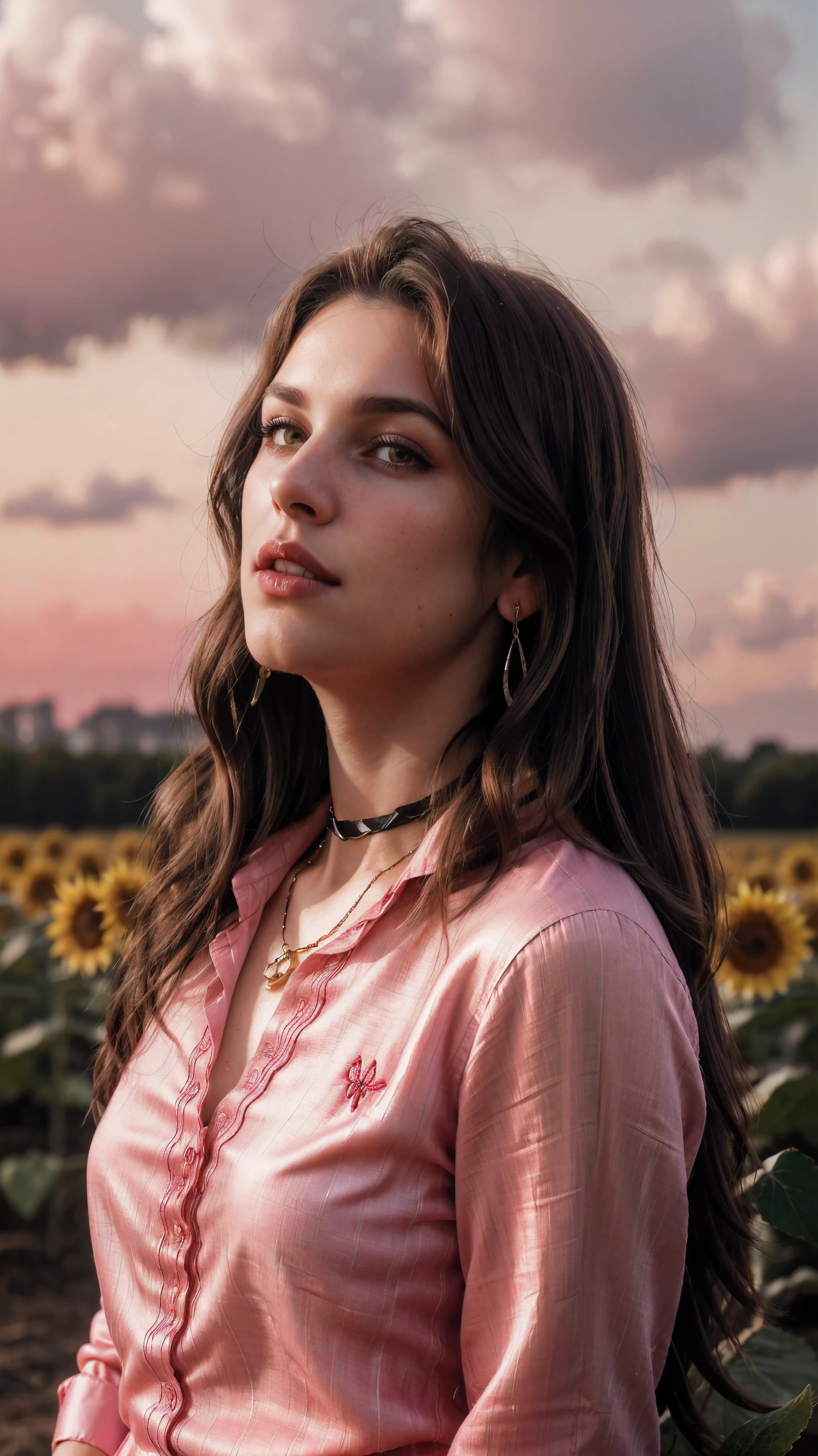 Wavy brown hair, (RAW photo, realism: 1.8), (very dark lip gloss, jet pink lipstick, many eyelashes, dark black eye shadow, shy, blushing, high quality, high resolution, depth of field, chromatic aberration, caustic, wide light, natural colors, 20 year old woman), necklaces, chokers, earrings, bracelets, wear many accessories, style A good woman,l, silk pink shirt, upper body, beautiful skin, lots of exposure, very line, looks delicious, lips that make you want to kiss, scruffy futon, sunflower farm field, golden sun in background,