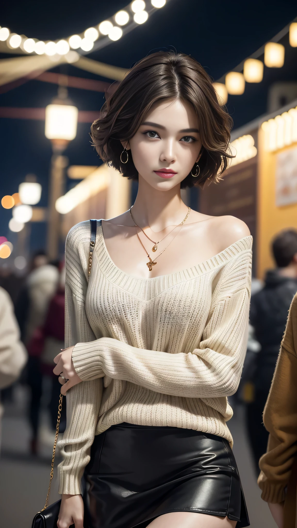 (Masterpiece, best quality, award winning, photorealistic, fashion photography :1.5), Photoshoot by DSLR camera with vivid color tone, sharp focus, 35mm. lens and f/2.8. close-up shot at night in New year festival, dark, shadowy, midnight time, A beautiful European female youth, model, (Nahyunworld ig), delicate face, tall, perfect slim body, attractive slender body, beautiful eyes, no make-up, dark blonde messy short hairs. Wearing loose sweater, skirt, pendant and earrings, standing in New year festival, smirking.