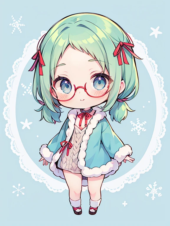 a little girl, smiles, (Very small breasts), (deep blue eyes), (Pale green hair, Short hair, forehead, Small pigtails), (red-half-rimed glasses), winter costume with fluff, Warm, fur, Ribboned, knit sweater-in-chest open dress, ribbon tie, Zettai-ryoiki, colorful tights, fur boots, full body Esbian, ​masterpiece, Ultra Quality。