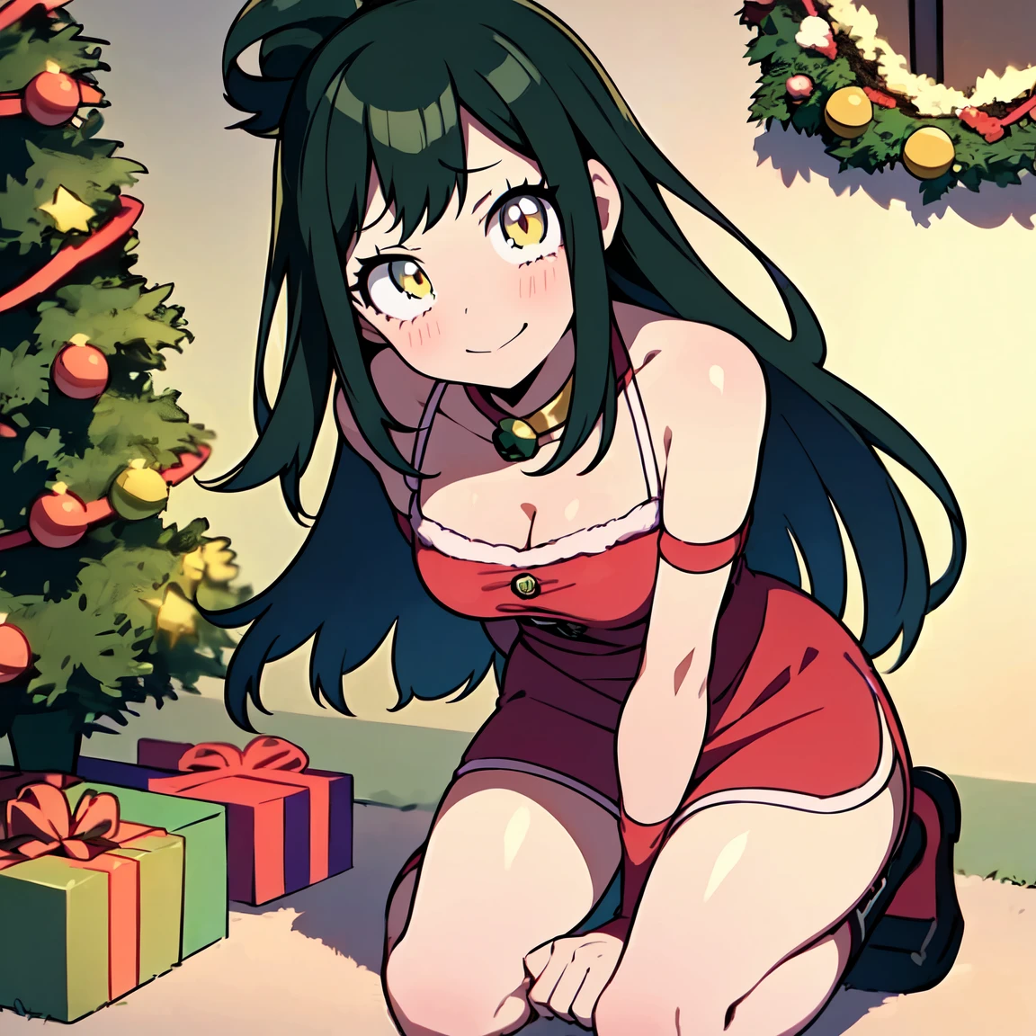 Anko midoriya,My Hero Academia,(Christmas style dress),(short dress),(shoulders showing),(red dress),(sexy dress),(Anime girl),(Beautiful girl),(full body),(Beauty divine),(yellow eyes),(Cat pupils),(lifting the skirt of her dress),(showing her panties),(with a flushed face),(with a perverted expression),mha el futuro es tu creación