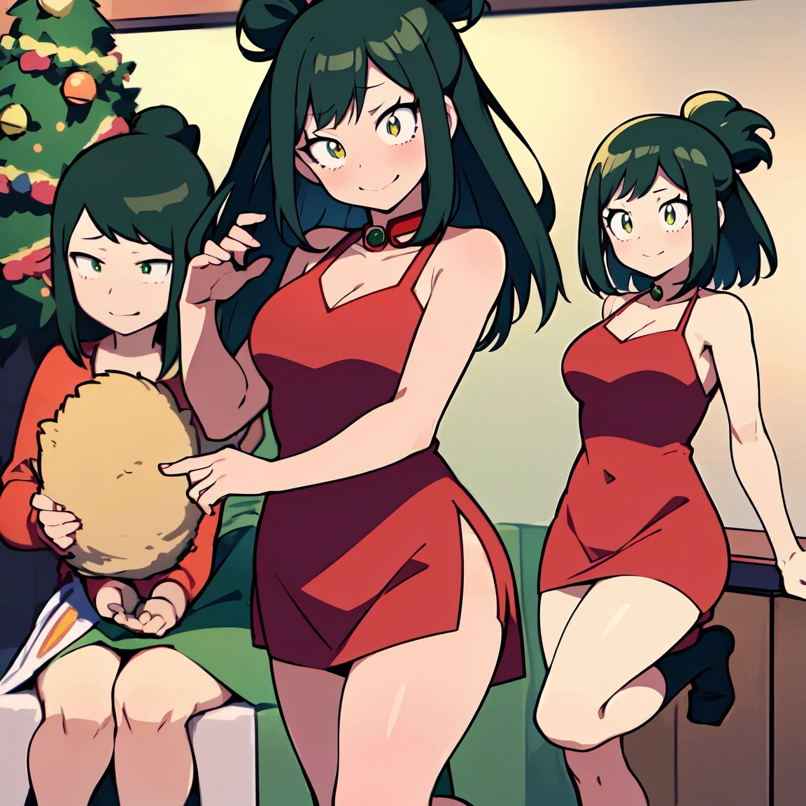 Anko midoriya,My Hero Academia,(Christmas style dress),(short dress),(shoulders showing),(red dress),(sexy dress),(Anime girl),(Beautiful girl),(full body),(Beauty divine),(yellow eyes),(Cat pupils),(lifting the skirt of her dress),(showing her panties),(with a flushed face),(with a perverted expression),mha el futuro es tu creación