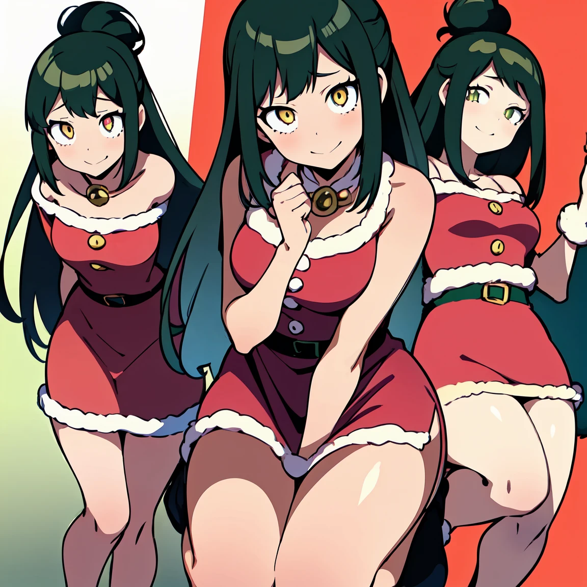 Anko midoriya,My Hero Academia,(Christmas style dress),(short dress),(shoulders showing),(red dress),(sexy dress),(Anime girl),(Beautiful girl),(full body),(Beauty divine),(yellow eyes),(Cat pupils),(lifting the skirt of her dress),(showing her panties),(with a flushed face),(with a perverted expression),mha el futuro es tu creación