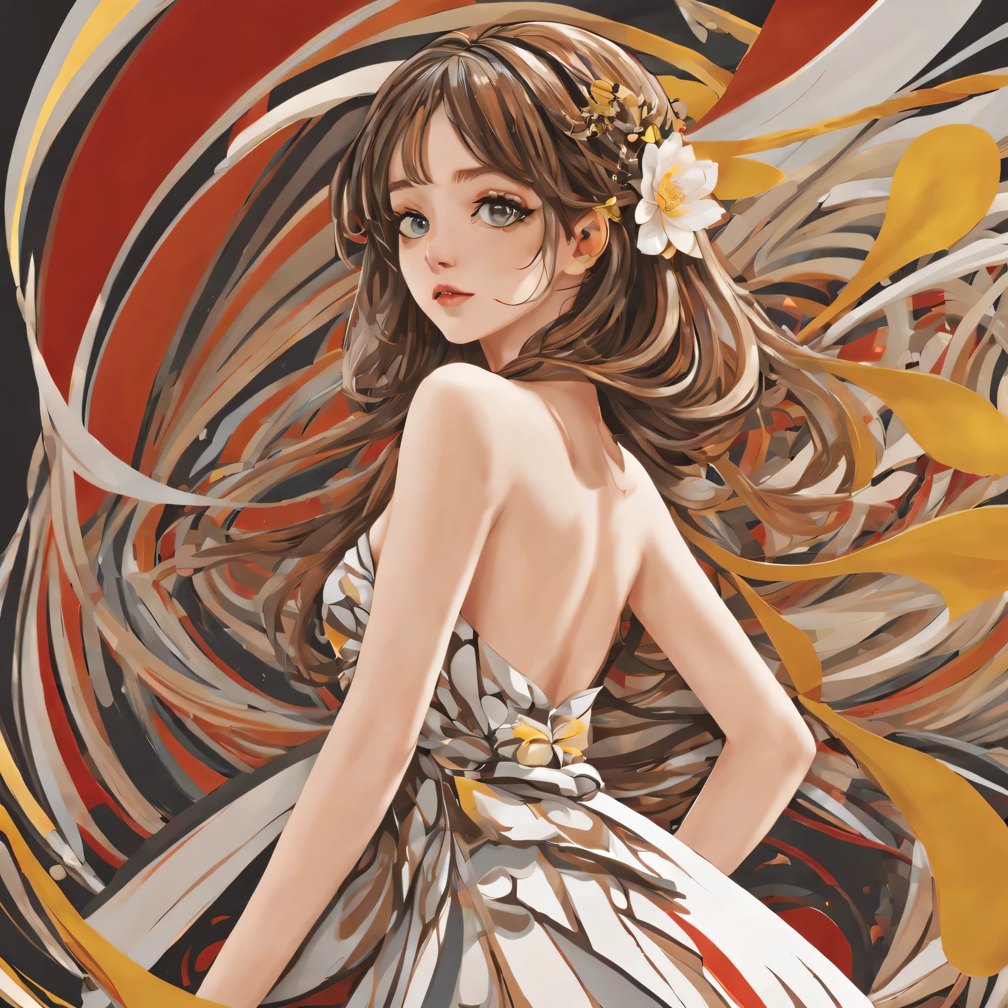 (a sticker,),(3D anime girl),dress, elegance,beautyful face,(In circlerown background), (pollock border)(oil painting style), ultra - detailed, best quality, Detailed diagram, vectorized, 8K, 专业a sticker设计, Graphic design, vector lines, a sticker, Full-HD