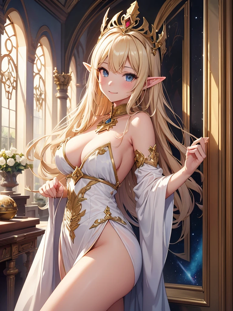 highest quality、Highest image quality、masterpiece、Super beautiful elf beauty((22 years old OL big bust、Bust 90,beautiful long ironed hair、blonde、(優しくお祈り🙏1.9)globe、、slender、Close-up、Esbian、beautiful tiara、High quality、beautiful art、background((starry ski)))muste piece、visual art、Depth of the bounds written、low angle of morning sky、、elf ears、、light magic、Space Knight、harp melody🎵、A happy smile、gentle light、、Beautiful legs that are gentle on the skin、、、Number of fingers to achieve precise finger movements、ticker beautiful decorative、elegant、Mystical　rosa、　Heaven、Marble pillars, beautiful dressy、magnificent marble dome、Huge galaxy、religious painting、holding the earth、Temple of Time、Great watch、hourglass、sundial、moment of creation！myth、alphonse mucha art、art noveau、byzantine art、folding screen picture、gold foil、Raphael's paintings、renaissance art、pray with both hands together、full nude、nsfw