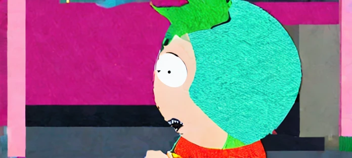 Butters Stotch, Black colored hair, Chinese eyes, green blue sleeve shirt, Light skin color, maniac expression, psychopath face, red colored horns, white spots on horns, Spikes Hair, ((dark castle background)), 1 Butters Stotch, Kim Sujeong art style, South Park art style, detailed eyes, detailed lips, strong expression, dark pupils, dark shade over face, bokeh, sharp focus, pink color palette, vivid colors, scary ambience, scary environment, 4K masterpiece, UHD, HDR