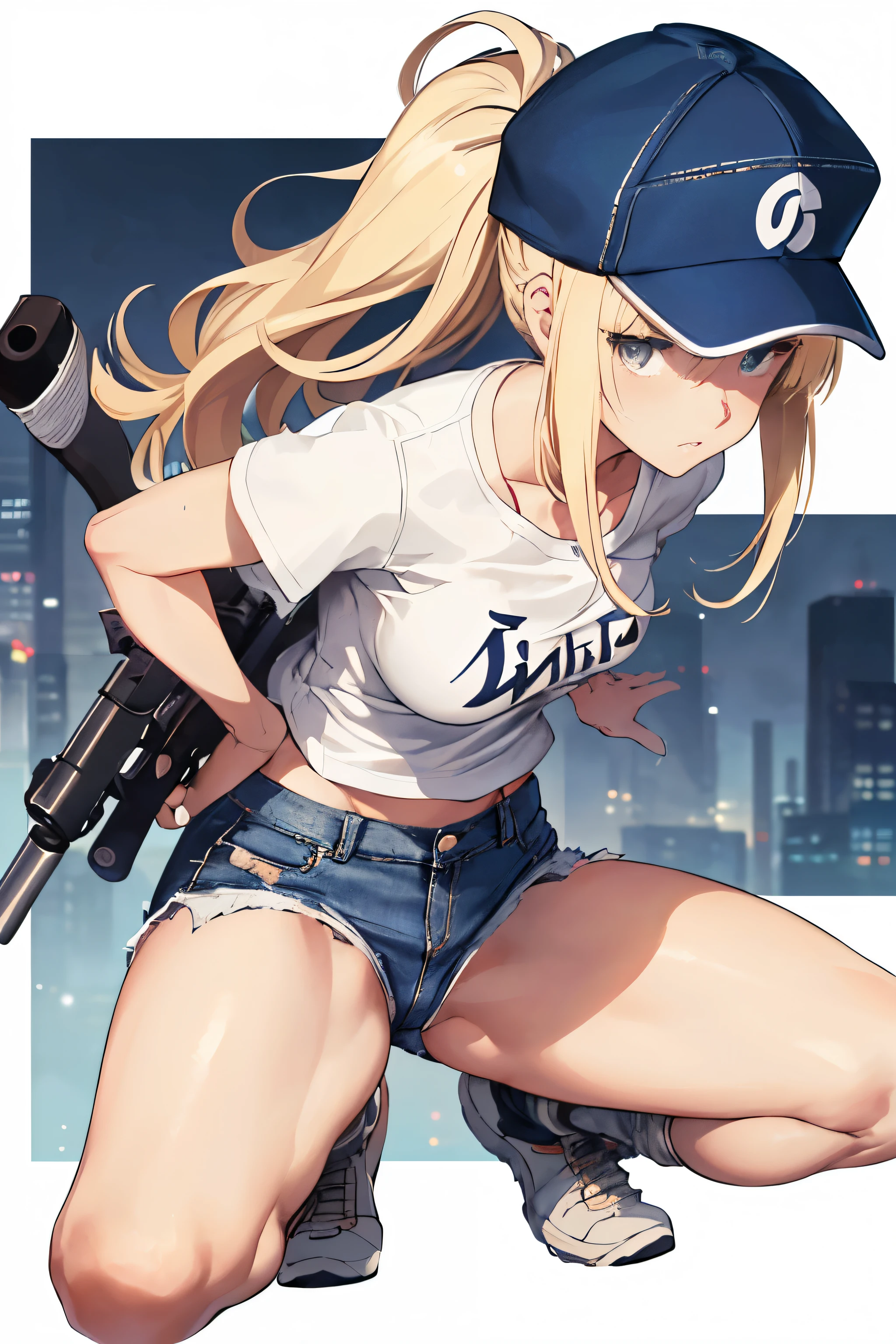 Close-up of a woman holding a gun wearing a white T-shirt and unbuttoned micro denim hot pants, blonde long hair, baseball cap, small details. female action anime girl, Anime full body illustration, urban combat zone, gun action, big ass, panty lines, ((Panties that dig into the crotch)), get down on one knee, sneakers, dull bangs, adult woman, belly button