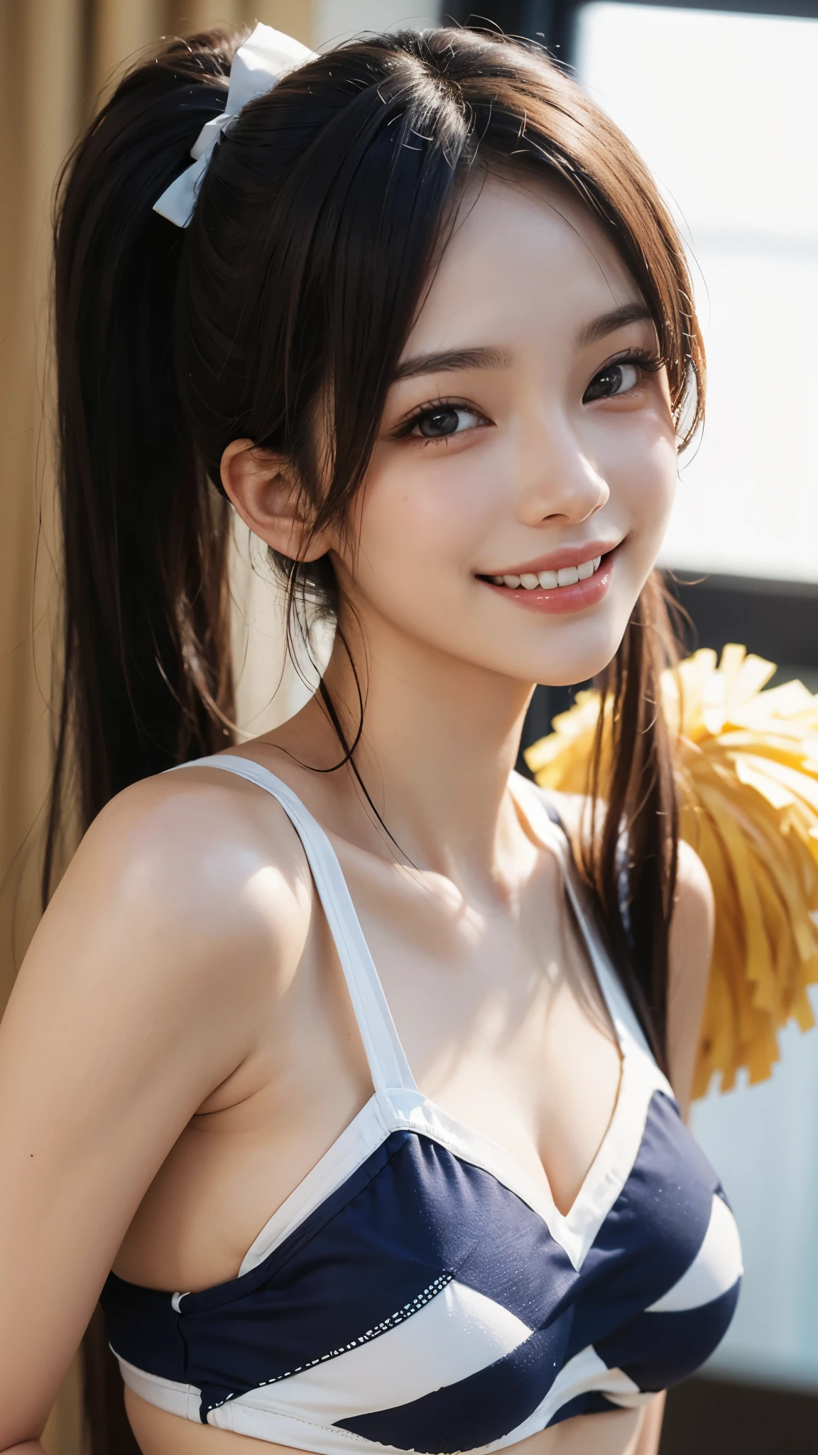 best quality, muste piece, ultra high resolution, (It&#39;s photorealistic:1.4), Raw photo, 1 girl, K deｰPOP idol, long ponytail, slender body,((Cheerleader)),detailed eyes,(realistic eyes),delicate face,realsK dein,detailed hair,Detailed sK dein,pretty face,((smiling))、((Laughter))、((You look happy, smile)),