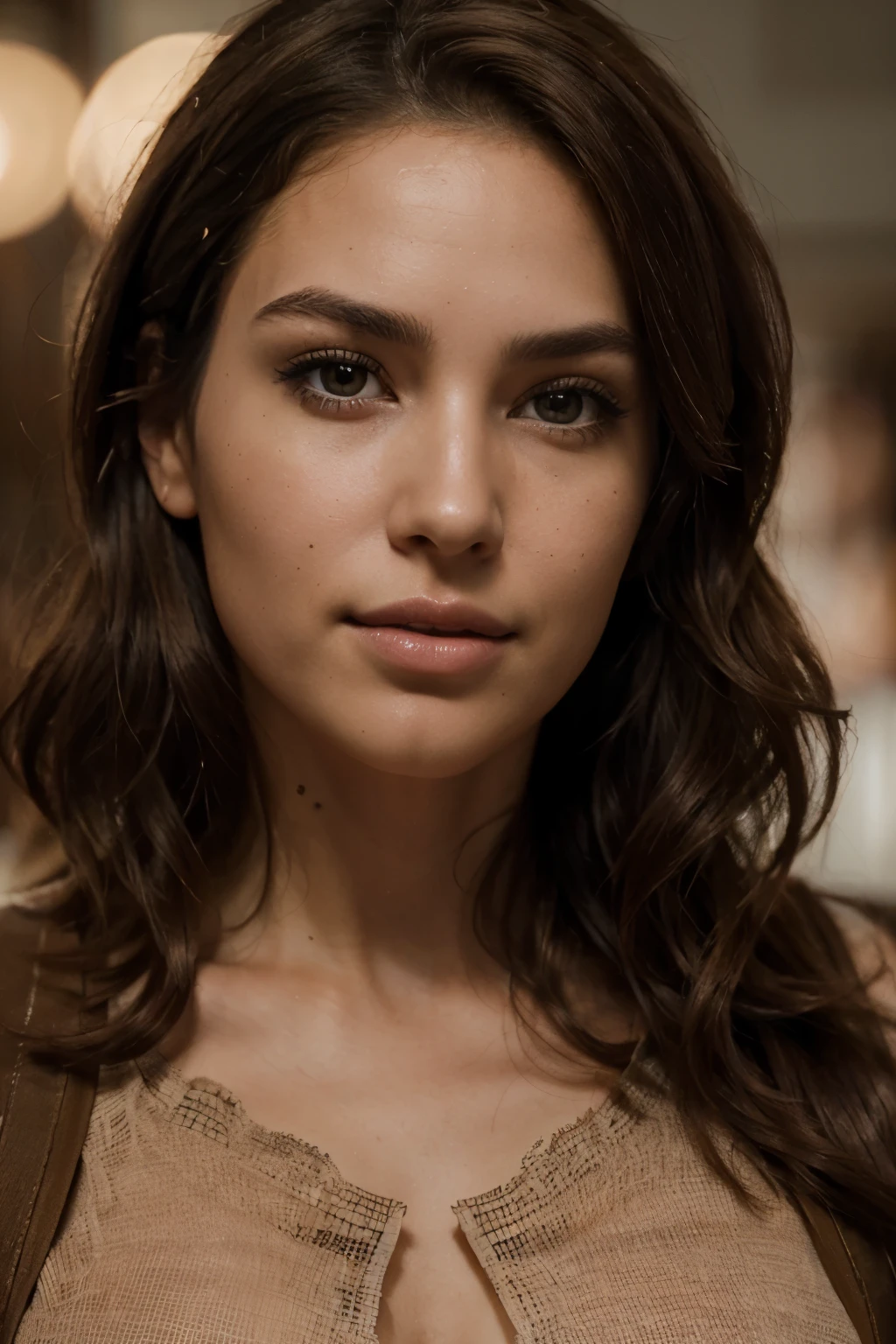 Breathtaking cinematic photo of a 30 year old girl with brown hair and brown eyes, happy, cheerful expression, closed mouth, beautiful lips, intricate details, shallow depth of field, highly detailed, high budget, epic Hollywood film, gorgeous, masterpiece, award-winning, professional, highly detailed, detailed skin texture, (blush: 0.5), (goosebumps: 0.5). (the most beautiful woman in the world) (brown hair) (short curly hair, wild hair, stylish cut) thin face, thin nose, beautiful, very beautiful, perfect face, slender body (slender), (brown hair) (brown eyes ) (white skin) Beautiful body, western face, predatory eyes, pink lips, thick thighs. full body, western beauty, thin nose, beautiful, perfect, ((best quality)), ((ultra resolution)), ((photorealistic: 1.4)), (intricate details), perfect face, makeup: 1.5 , clear face, facial details. front view ((uniform, tactical costume, agent costume, spy))