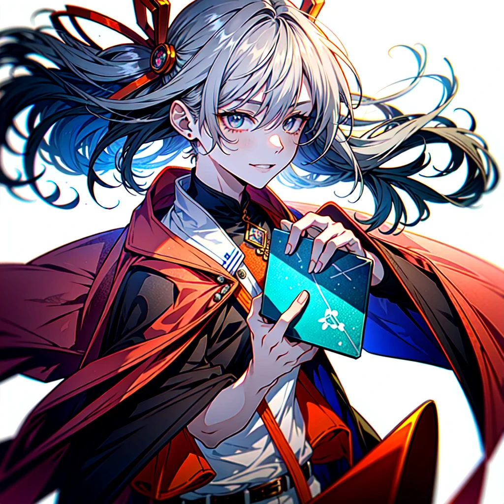 1girl, solo, female focus, female, girl, masterpiece, best quality, high quality, (gray hair color:1.3), long hair, wavy hair, hair between the eyes, (low pigtails:1.25), (blue eye color:1.3), looking at viewer, flatchested, shut up, (closed mouth:1.24), light smile, smile, smiling, (light blue shirt:1.3), (orange and pink jacket, orange and pink hip-length jacket:1.35), blue hairclips, light blue skirt, purple belt, thin body, (tan skin:1.5), colored skin, (holding a gift box:1.6), (white background:1.65), thin body, upperbody, half-body adaptable, upper-body, head, chest, character in frame, (close-up:1.6), perfect hands, ((middle-centered)),