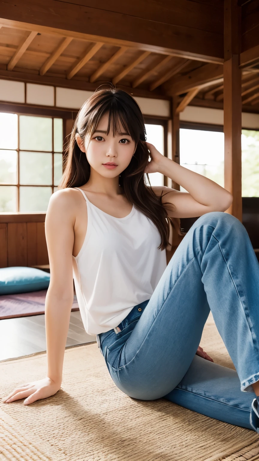 "Compose a beautiful portrait capturing the essence of a Japanese girl. Envision her in a stylish ensemble, wearing a tank top paired with jeans and boots. Frame the shot to showcase the full image, highlighting her poise and individuality. Pay attention to details, employing vibrant colors and a captivating backdrop to enhance the overall aesthetic appeal of this stunning portrait."