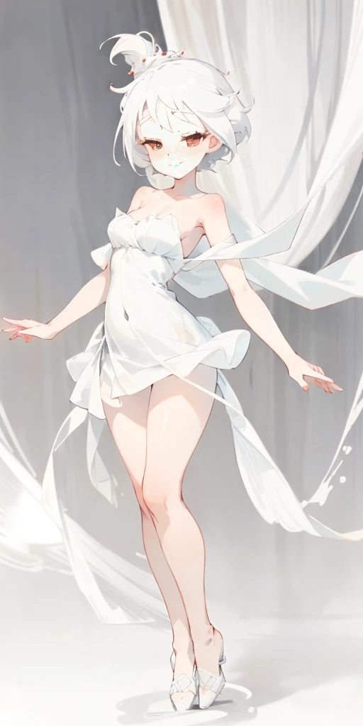 full-body close-up, create an elegant atmosphere), white short skirt, white hair shawl, graceful flowing, elegant movements, lustful smirking smile expression (red blush), floating in the air, (1girl), slim figure)