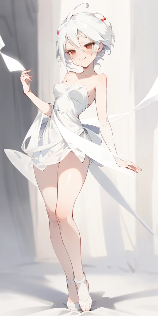 full-body close-up, create an elegant atmosphere), white short skirt, white hair shawl, graceful flowing, elegant movements, lustful smirking smile expression (red blush), floating in the air, (1girl), slim figure)