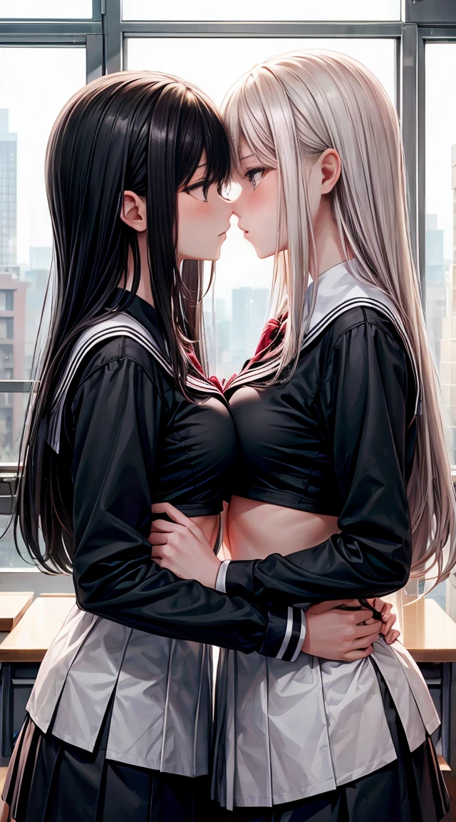 Two  girls，angry look，Equal stature，in class room，Black hair and blonde hair，Gaze face to face，Hold each other，The two bodies are close together，Kiss