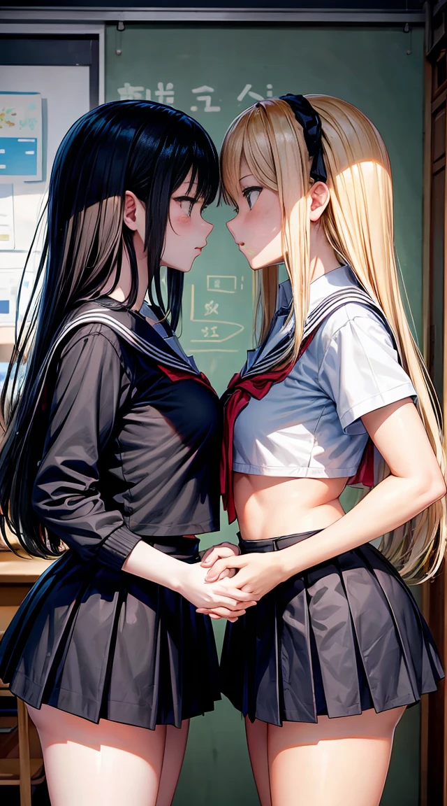 Two age girls,angry look,equivalent height,In the classroom,black and blonde hair,Facing each other and staring,hug each other,The two bodies are close to each other,kiss、Picture of two people、Holding hands and facing each other、Photograph of two people facing each other、Push each other、Stick your boobs and boobs together、super big breasts、uniform、high school girl