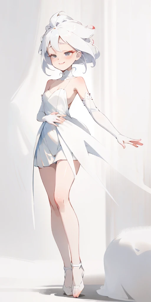full-body close-up, create an elegant atmosphere), white short skirt, white hair shawl, graceful flowing, elegant movements, lustful smirking smile expression (red blush), floating in the air, (1girl), slim figure)