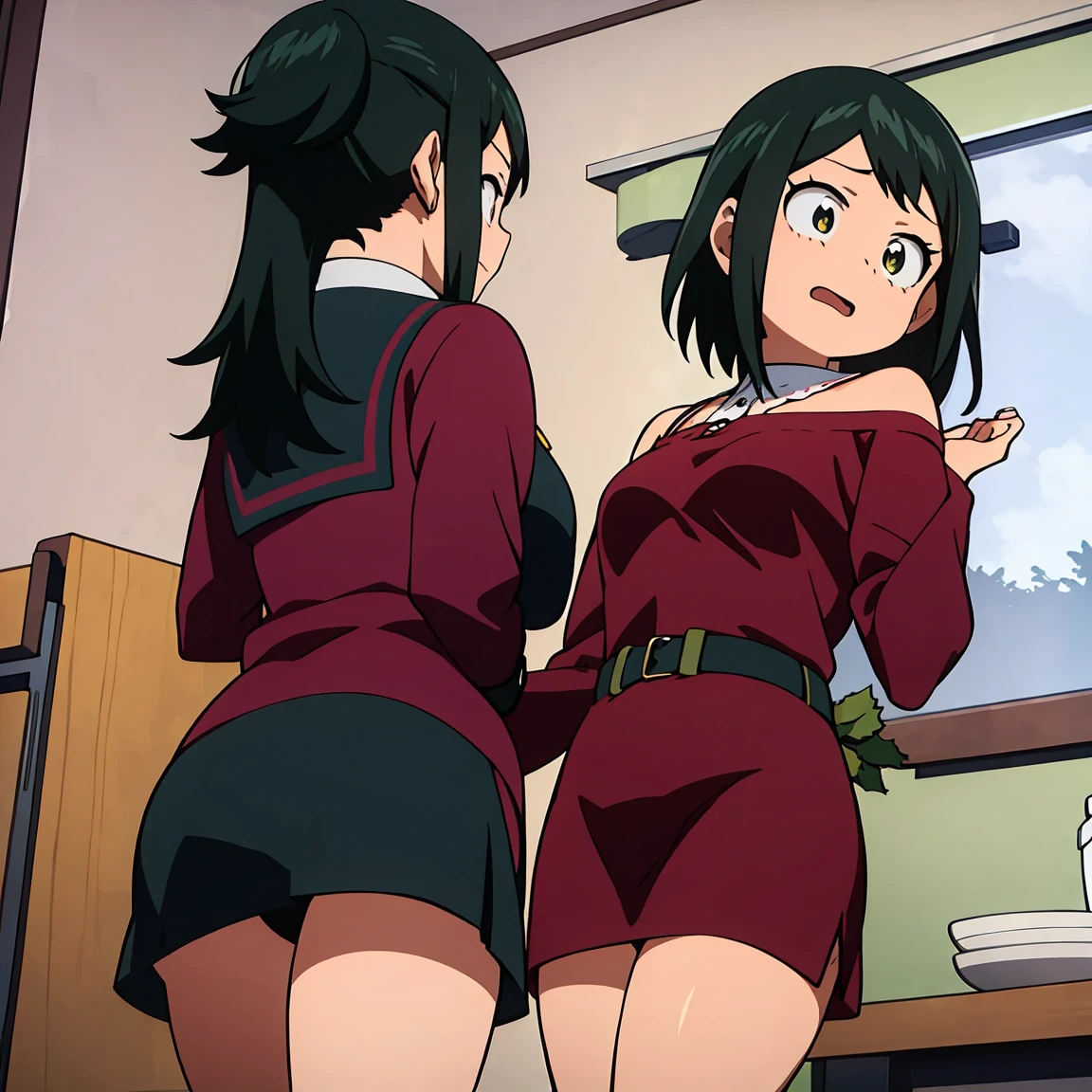 Anko midoriya,My Hero Academia,(Christmas style dress),(short dress),(shoulders showing),(red dress),(sexy dress),(Anime girl),(Beautiful girl),(full body),(Beauty divine),(yellow eyes),(Cat pupils),(lifting the skirt of her dress),(showing her panties),(with a flushed face),(with a perverted expression)