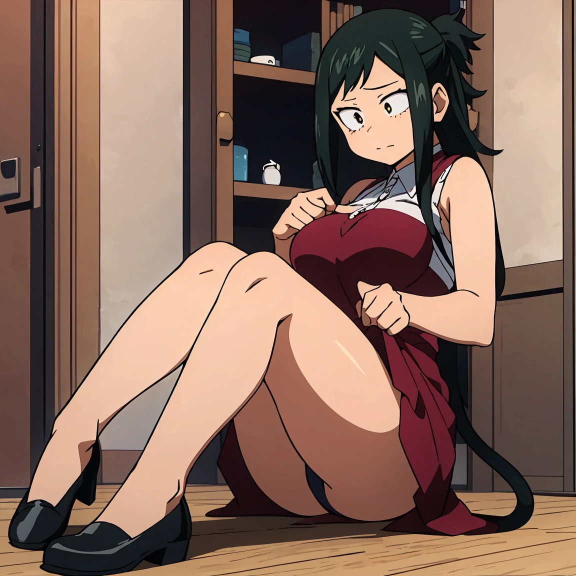 Anko midoriya,My Hero Academia,(Christmas style dress),(short dress),(shoulders showing),(red dress),(sexy dress),(Anime girl),(Beautiful girl),(full body),(Beauty divine),(yellow eyes),(Cat pupils),(lifting the skirt of her dress),(showing her panties),(with a flushed face),(with a perverted expression)
