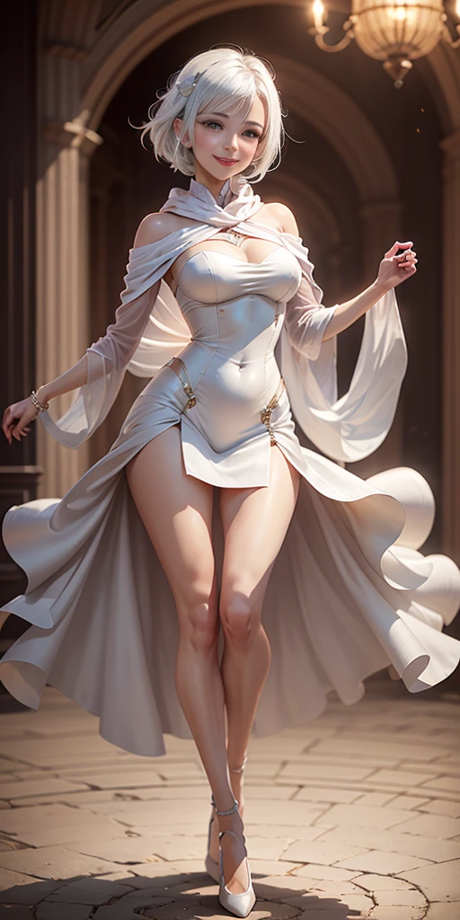 full-body close-up, create an elegant atmosphere), white short skirt, white hair shawl, graceful flowing, elegant movements, lustful smirking smile expression (red blush), floating in the air, (1girl), slim figure)
