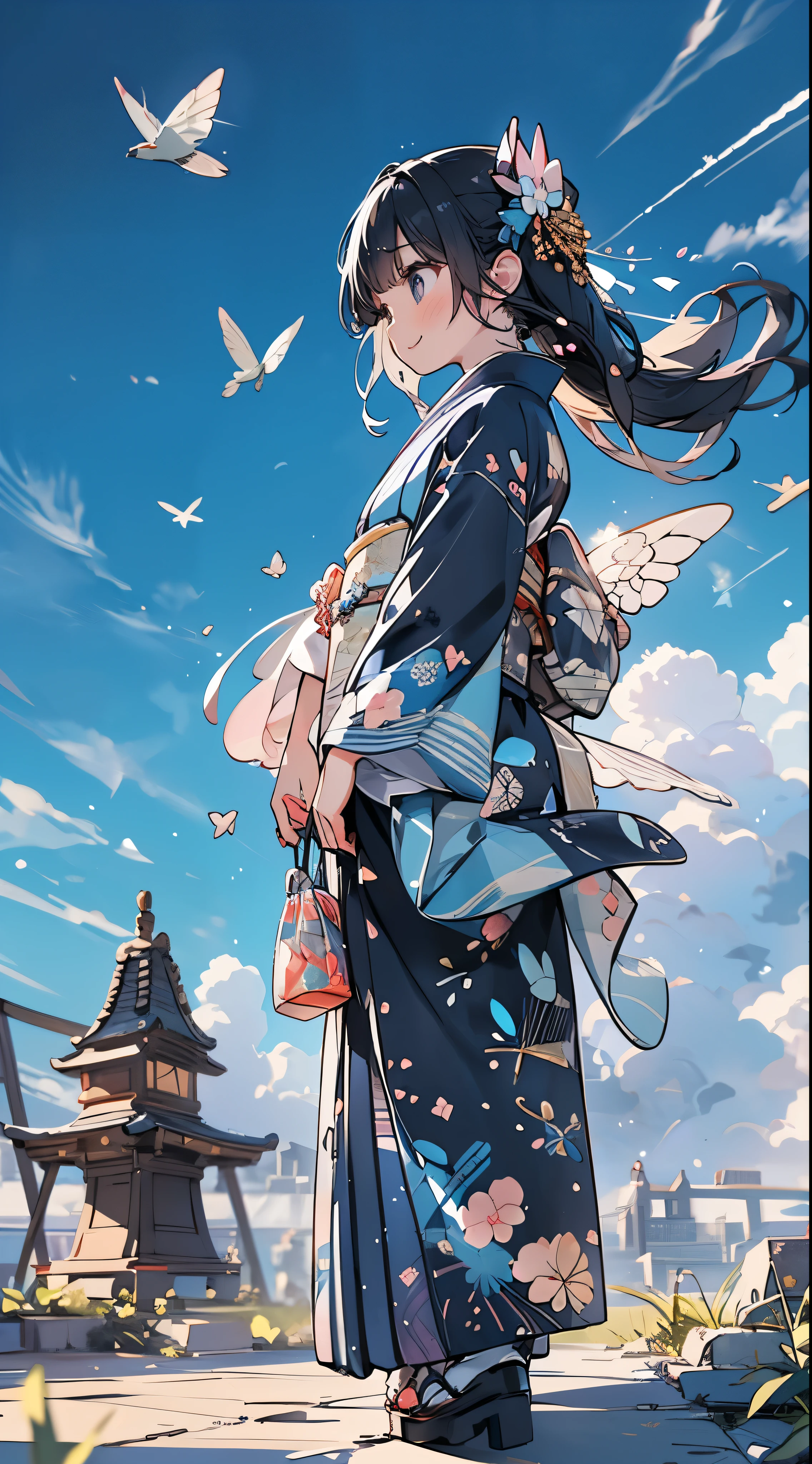 A day with a cloudless blue sky,The overall theme is navy blue.,angle from below,nice smile1girl,facing forward,luxury black, white and blue kimono,Haori and kimono fluttering in the wind,I'I put my hands on my heart and pray that this year will be a good year as well..,prayer pose,long hair fluttering in the wind,delicate makeup,short bangs,Wear sparkling aquamarine accessories,可愛いgirl,luxury hair pin,This year's hatsumode,delicate makeup,color contact lenses,short bangs,Sparkling glitter