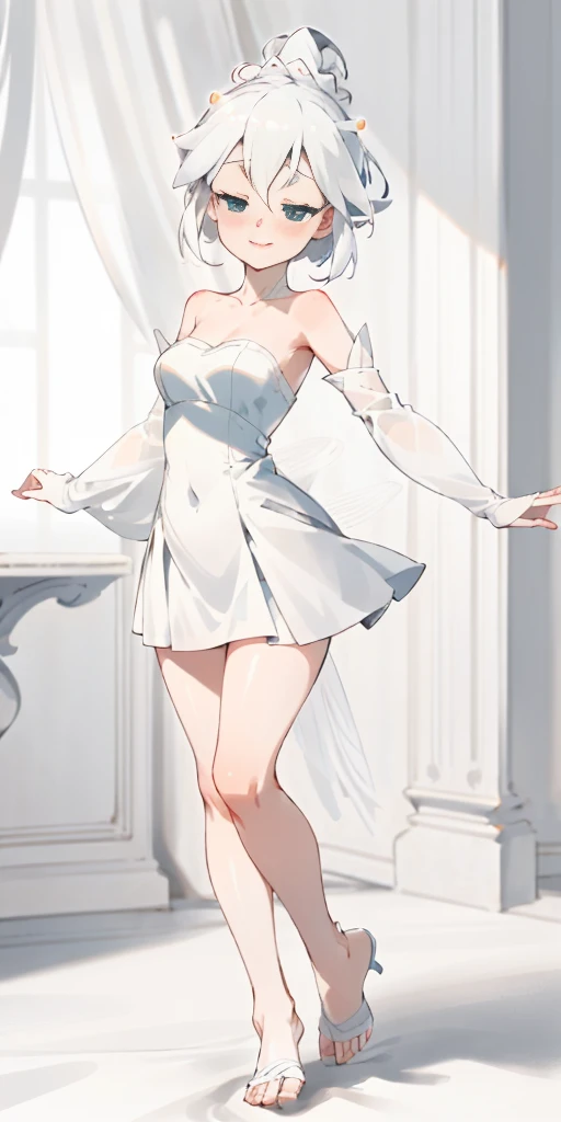 full-body close-up, create an elegant atmosphere), white short skirt, white hair shawl, graceful flowing, elegant movements, lustful smirking smile expression (red blush), floating in the air, (1girl), slim figure)