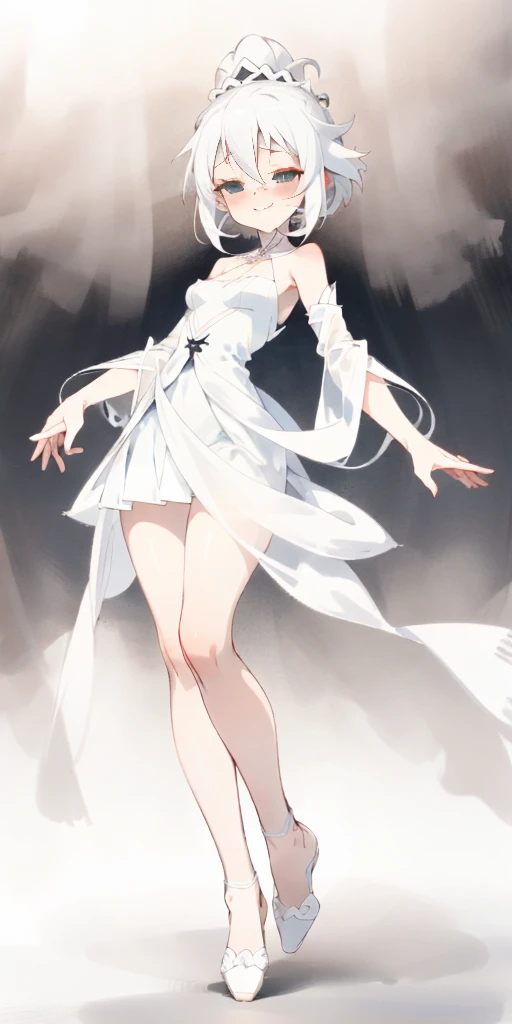 full-body close-up, create an elegant atmosphere), white short skirt, white hair shawl, graceful flowing, elegant movements, lustful smirking smile expression (red blush), floating in the air, (1girl), slim figure)