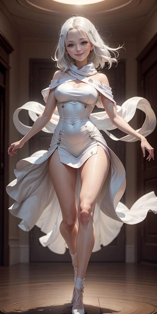 full-body close-up, create an elegant atmosphere), white short skirt, white hair shawl, graceful flowing, elegant movements, lustful smirking smile expression (red blush), floating in the air, (1girl), slim figure)
