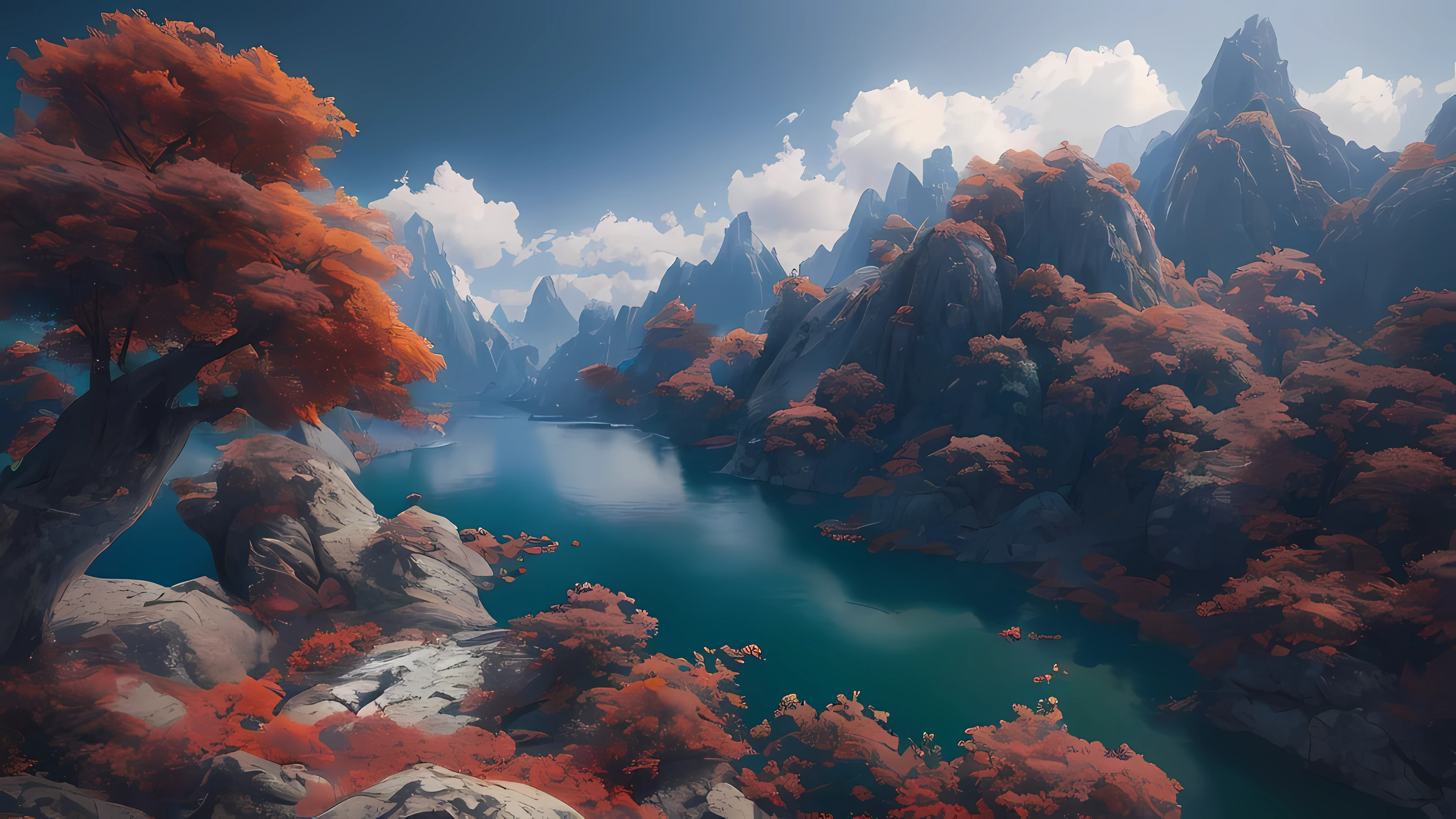 masterpiece, best quality, high quality, Very detailed CG unity 8k wallpaper, landscape, outdoor, sky空, cloud, sky, no humans, Mountain, landscape, water, Tree, blue sky空, waterfall, cliff, nature, lake, river, cloudy sky空,Award-winning photography, Bokeh, depth of field, high dynamic range, bloom, Color difference ,lifelike,Very detailed, Popular topics on ArtStation, Trending on CGSociety, complex, high detail, dramatic, midway art