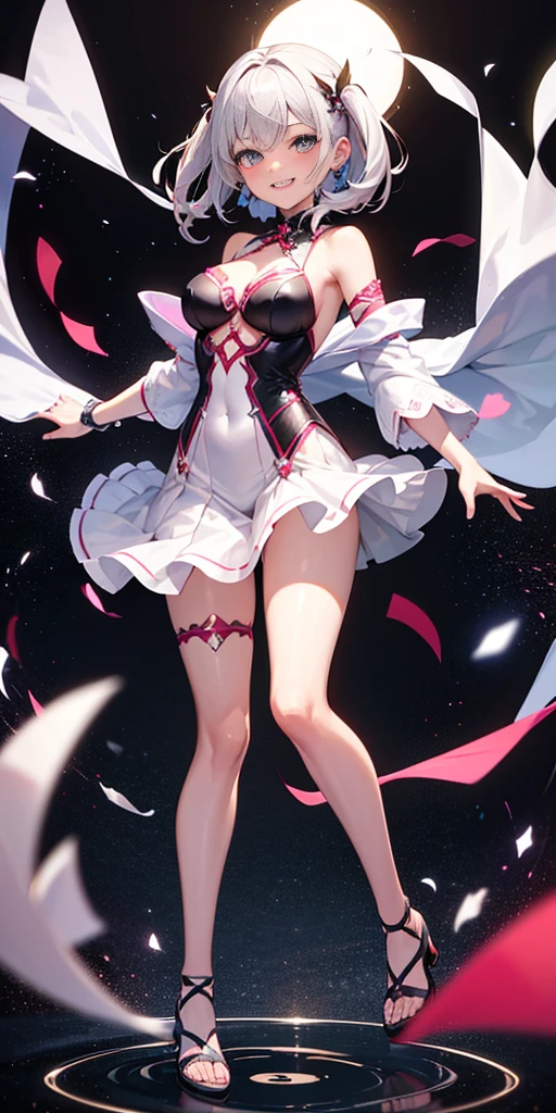 full-body close-up, create an elegant atmosphere), white short skirt, white hair shawl, graceful flowing, elegant movements, lustful smirking smile expression (red blush), floating in the air, (1girl), slim figure)
