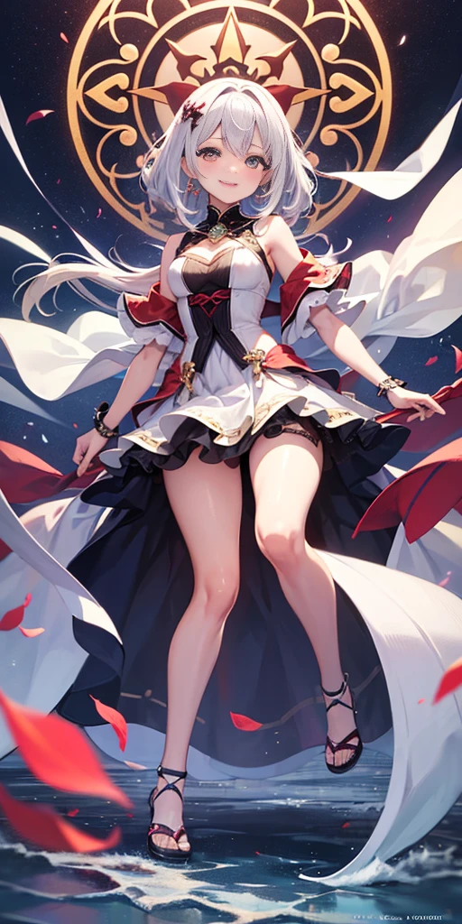 full-body close-up, create an elegant atmosphere), white short skirt, white hair shawl, graceful flowing, elegant movements, lustful smirking smile expression (red blush), floating in the air, (1girl), slim figure)