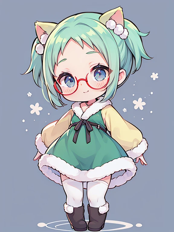 Chibichara little girl, smiles, (Very small breasts), (deep blue eyes), (Pale green hair, Short hair, forehead, Small pigtails), (red-half-rimed glasses),Chibi Chara, winter costume with fluff, Warm, fur, Ribboned, knit sweater-in-chest open dress, ribbon tie, Zettai-ryoiki, colorful tights, fur boots, full body Esbian, masterpiece, Ultra Quality。