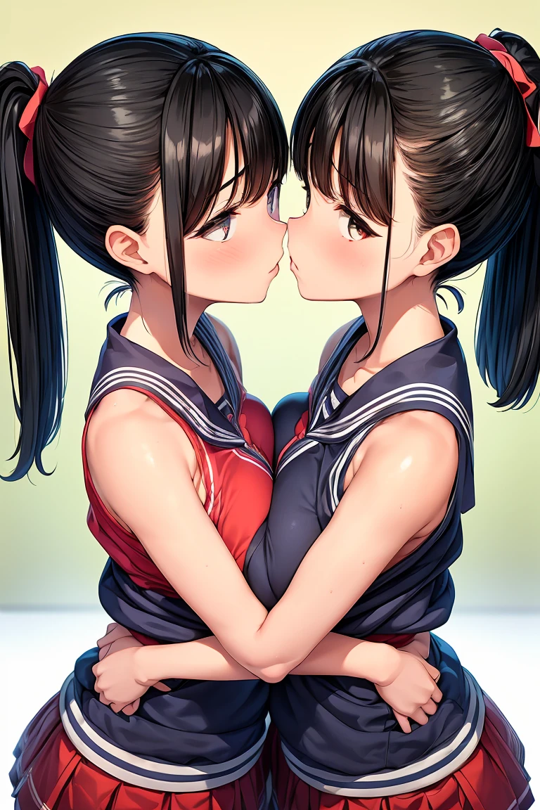 Two teenage girls，angry look，equivalent height，In the classroom，black hair ponytail，Facing each other and staring，hug each other，The two bodies are close to each other，kiss、Picture of two people、Holding hands and facing each other、Photograph of two people facing each other、Push each other、Stick your boobs and boobs together