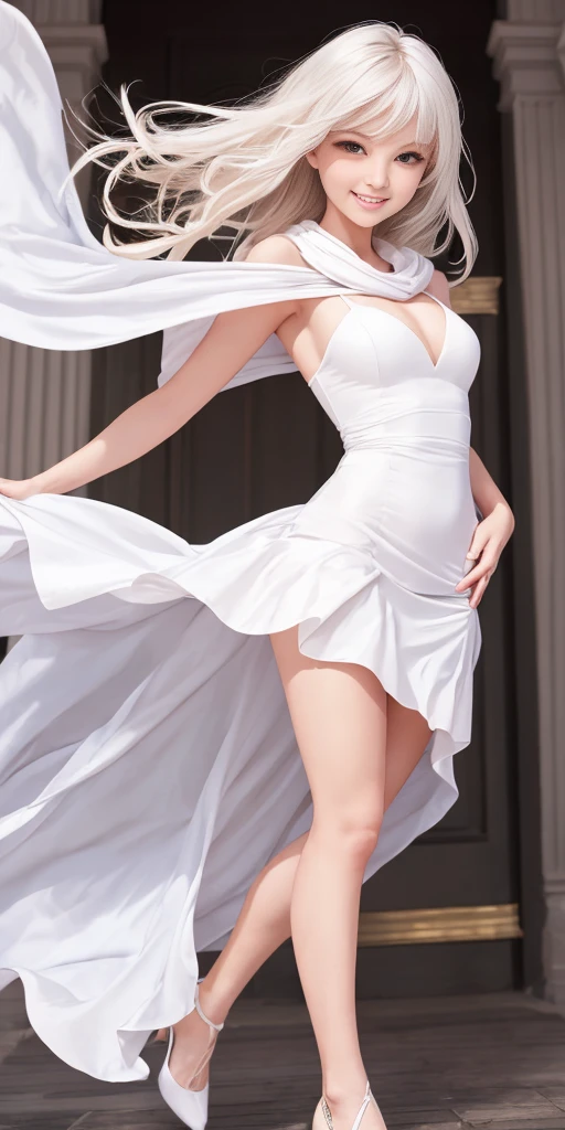 full-body close-up, create an elegant atmosphere), white short skirt, white hair shawl, graceful flowing, elegant movements, lustful smirking smile expression (red blush), floating in the air, (1girl), slim figure)
