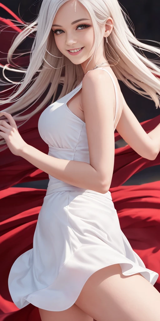 full-body close-up, create an elegant atmosphere), white short skirt, white hair shawl, graceful flowing, elegant movements, lustful smirking smile expression (red blush), floating in the air, (1girl), slim figure)
