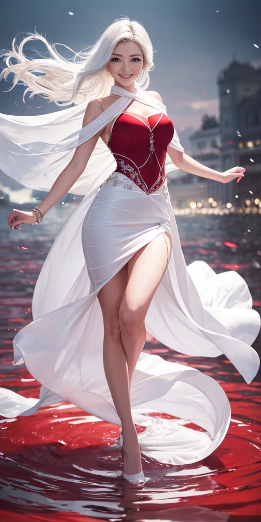 full-body close-up, create an elegant atmosphere), white short skirt, white hair shawl, graceful flowing, elegant movements, lustful smirking smile expression (red blush), floating in the air, (1girl), slim figure)