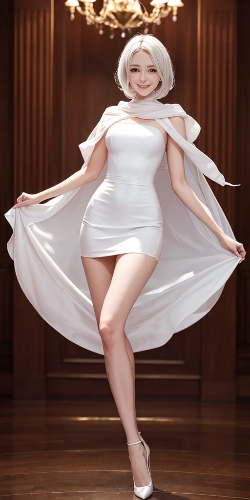 full-body close-up, create an elegant atmosphere), white short skirt, white hair shawl, graceful flowing, elegant movements, lustful smirking smile expression (red blush), floating in the air, (1girl), slim figure)