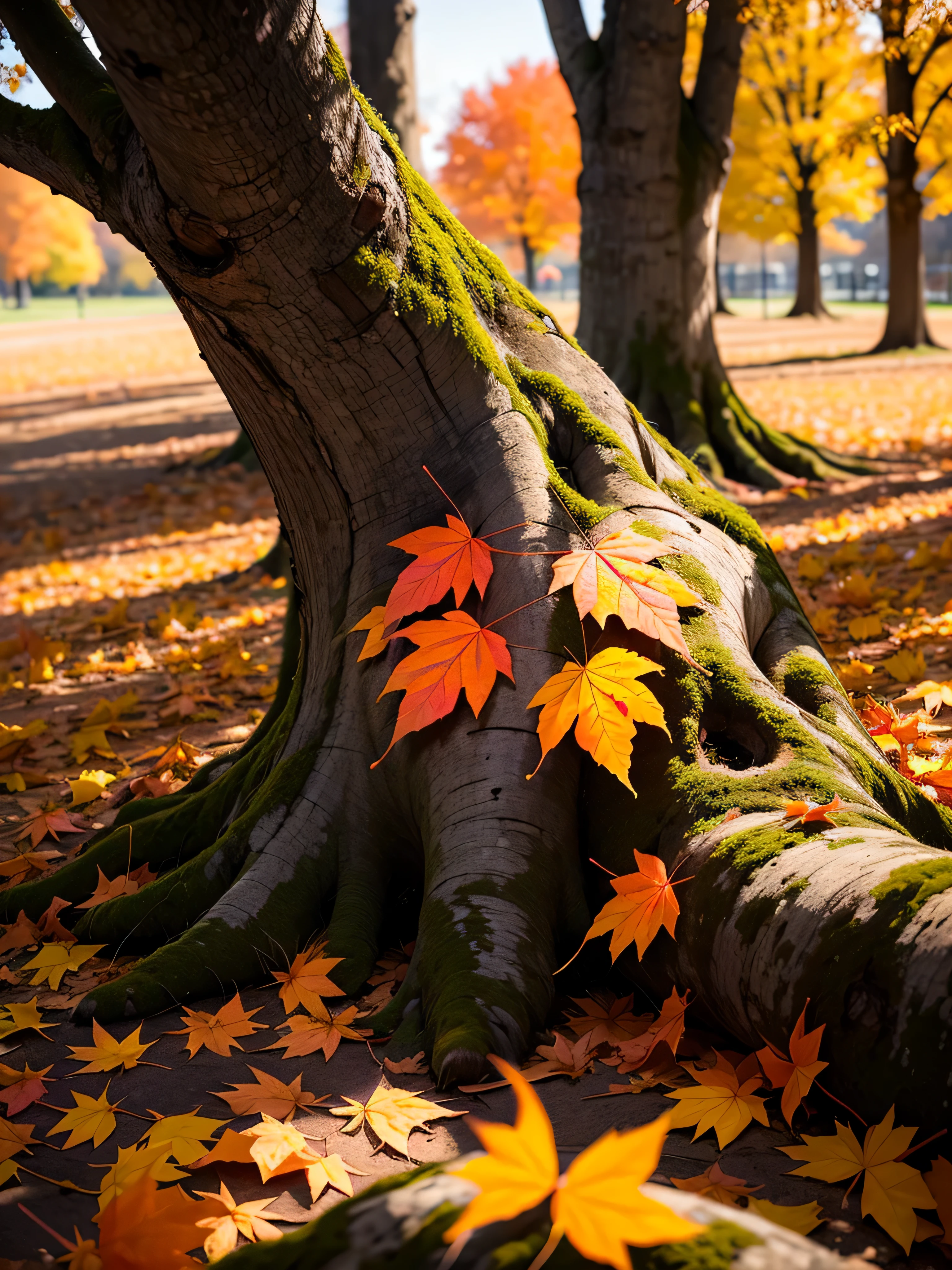 ((best quality: 1.5)) ((masterpiece: 0.8)), intricate details, sharp focus, professional, photorealistic, hyper-realistic, 8K, super detailed, gigantic trees, ((red orange gold autumn leaf falling))