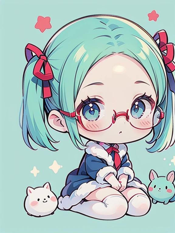 Chibichara , smiles, (Very small breasts), (deep blue eyes), (Pale green hair, Short hair, forehead, Small pigtails), (red-half-rimed glasses),Chibi Chara, winter costume with fluff, Warm, fur, Ribboned, knit sweater-in-chest open dress, ribbon tie, Zettai-ryoiki, colorful tights, fur boots, full body Esbian, ​masterpiece, Ultra Quality。