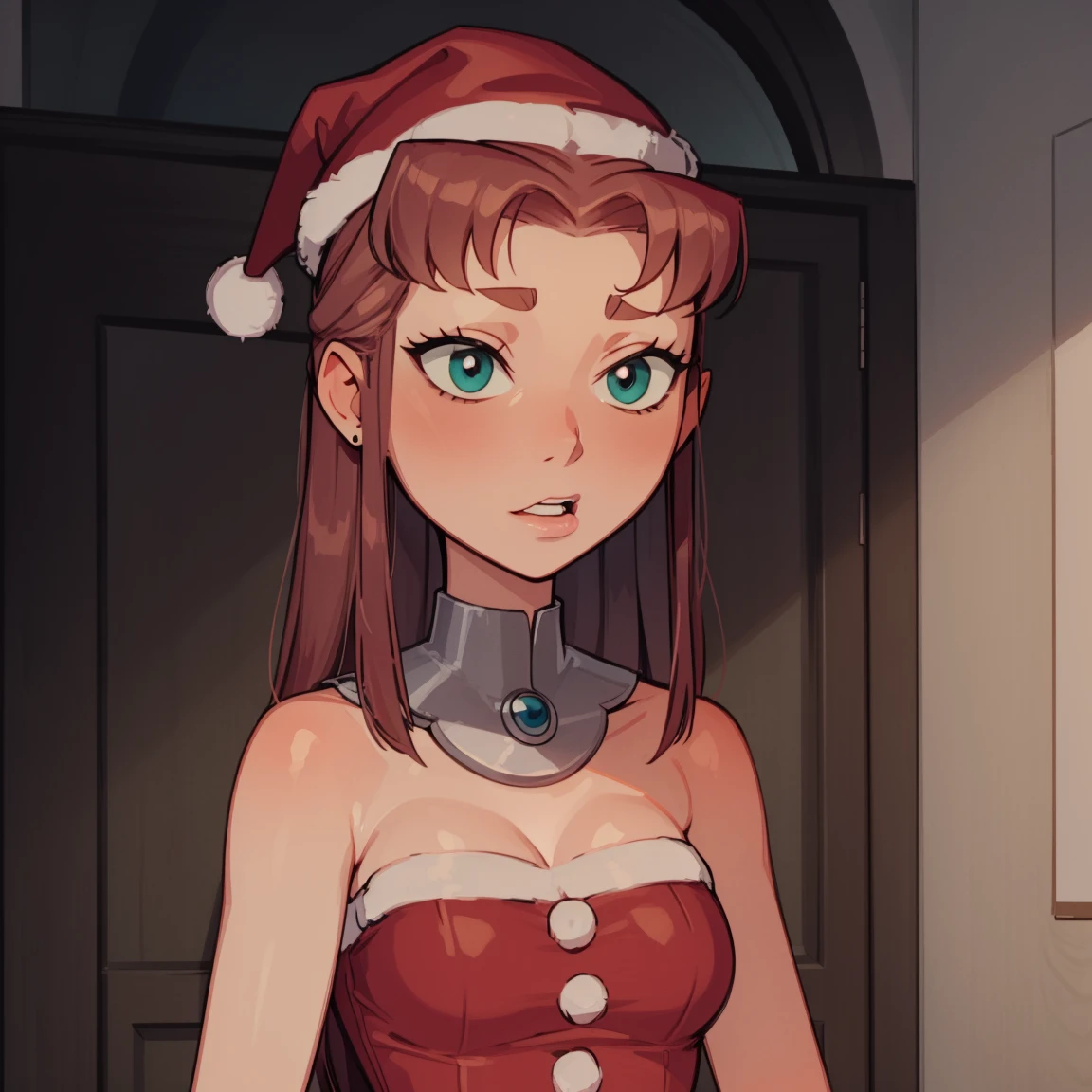 Starfire, santa hat, dark green eyes, reddish hair, green eyes, cute eyes, christmas outfit, ite