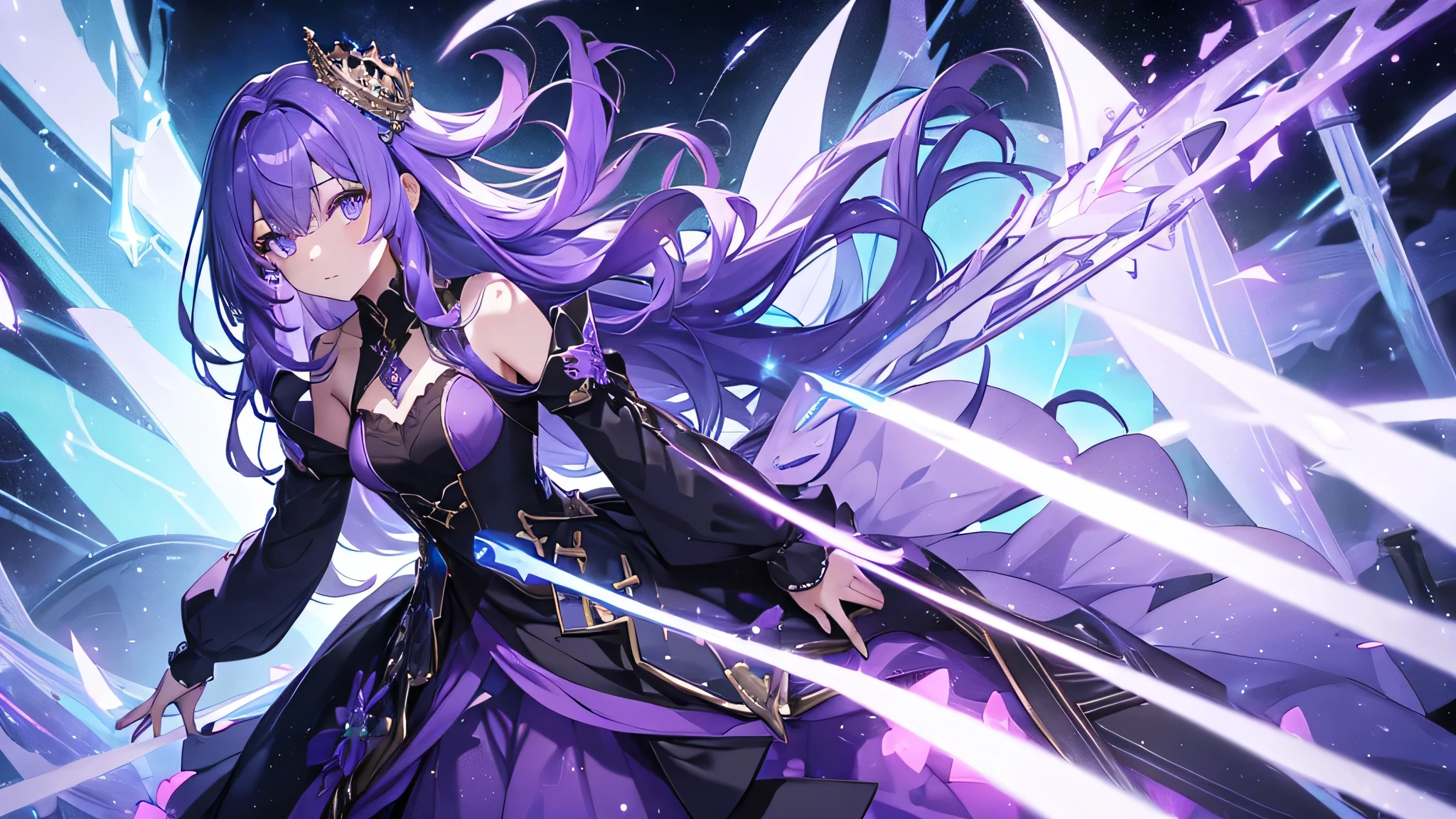 1 girl FULL BODY, purple with blue shade hair, purple bright ayes with a sparkles, long hair, formal clothes with nautral colour grey, with a crown, with a bangs, at the village, with detail shade and full body, stand in the middle of a village
