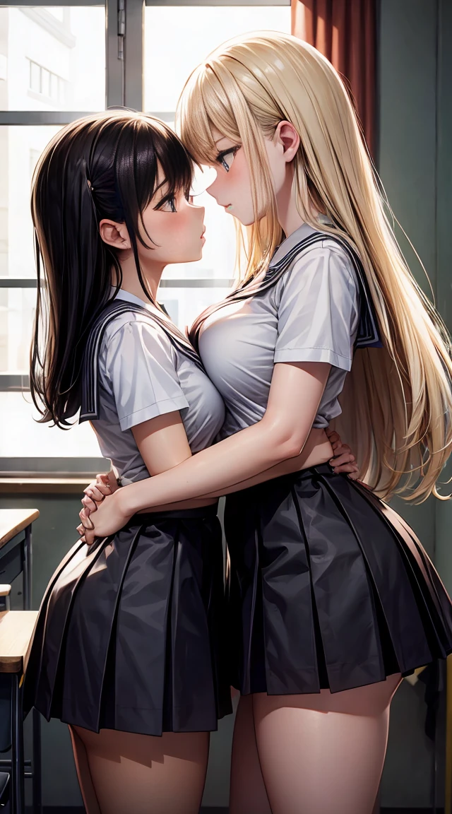 Two  girls，angry look，equivalent height，In the classroom，black and blonde hair，Facing each other and staring，hug each other，The two bodies are close to each other，kiss、Picture of two people、Holding hands and facing each other、Photograph of two people facing each other、Push each other、Stick your boobs and boobs together、super big breasts、uniform、high school girl