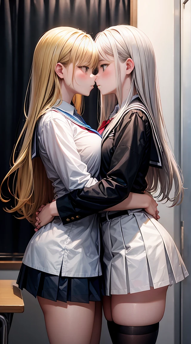 Two  girls，angry look，equivalent height，In the classroom，black and blonde hair，Facing each other and staring，hug each other，The two bodies are close to each other，kiss、Picture of two people、Holding hands and facing each other、Photograph of two people facing each other、Push each other、Stick your boobs and boobs together、super big breasts、uniform、high school girl